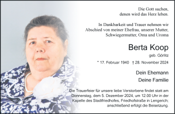 Anzeige von Berta Koop 