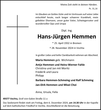 Anzeige von Hans-Jürgen Hemmen 