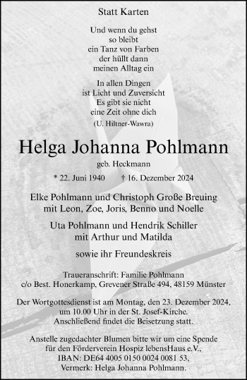 Anzeige von Helga Johanna Pohlmann 