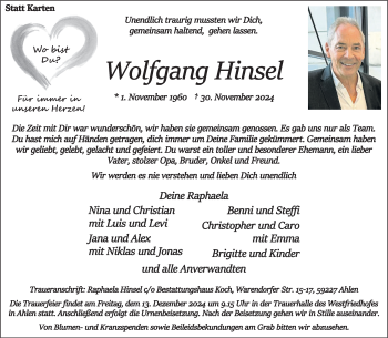 Anzeige von Wolfgang Hinsel 