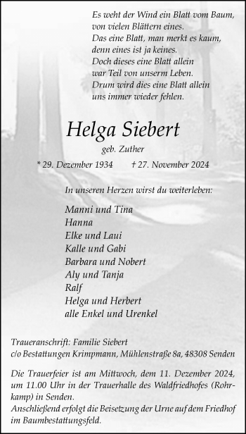 Anzeige von Helga Siebert 