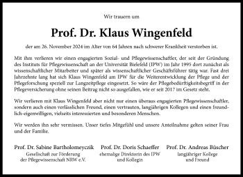 Anzeige von Prof. Dr. Klaus Wingenfeld 