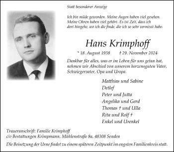 Anzeige von Hans Krimphoff 