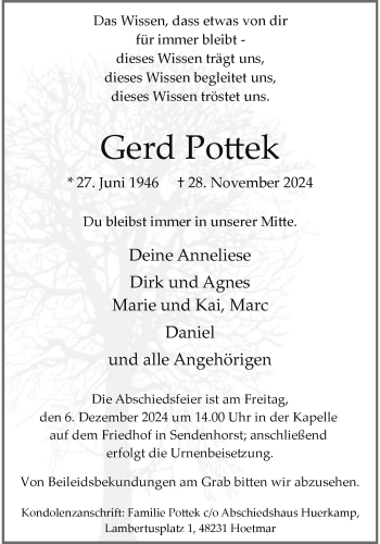 Anzeige von Gerd Pottek 