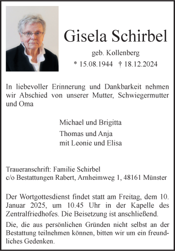 Anzeige von Gisela Schirbel 