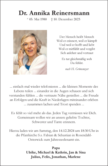 Anzeige von Dr. Annika Reinersmann 