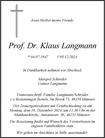 Anzeige von Prof. Dr. Klaus Langmann 