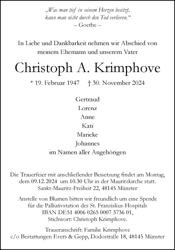 Anzeige von Christoph A. Krimphove 