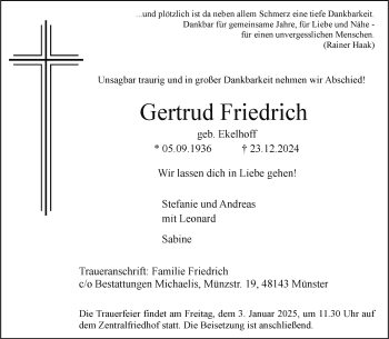 Anzeige von Gertrud Friedrich 