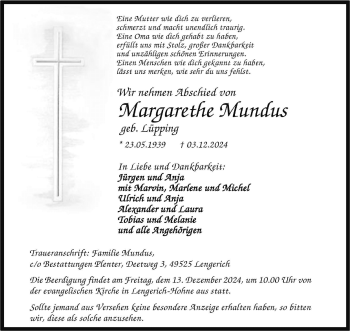 Anzeige von Margarethe Mundus 