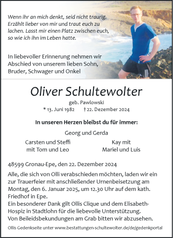 Anzeige von Oliver Schultewolter 