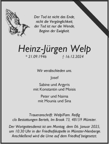 Anzeige von Heinz-Jürgen Welp 