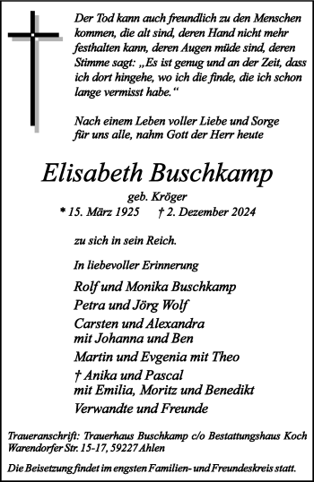 Anzeige von Elisabeth Buschkamp 