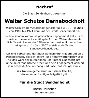 Anzeige von Walter Schulze Dernebockholt 