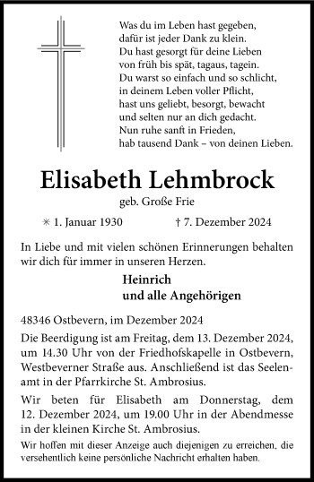 Anzeige von Elisabeth Lehmbrock 