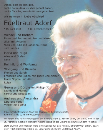 Anzeige von Edeltraut Adorf 