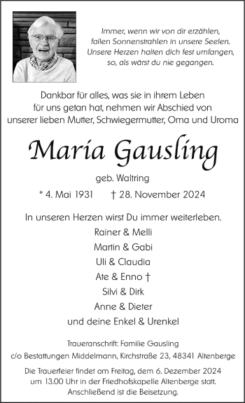 Anzeige von Maria Gausling 