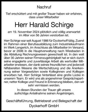 Anzeige von Harald Schirge 