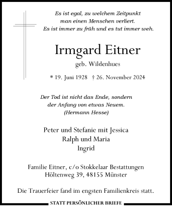 Anzeige von Irmgard Eitner 