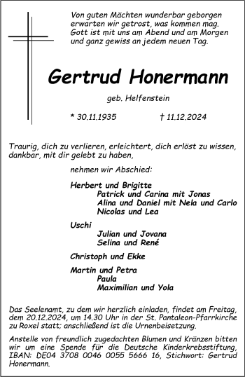 Anzeige von Gertrud Honermann 