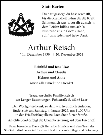 Anzeige von Arthur Reisch 