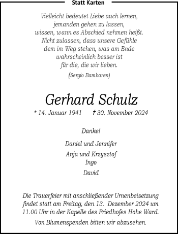 Anzeige von Gerhard Schulz 