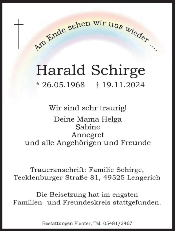 Anzeige von Harald Schirge 