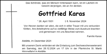 Anzeige von Gottfried Karas 