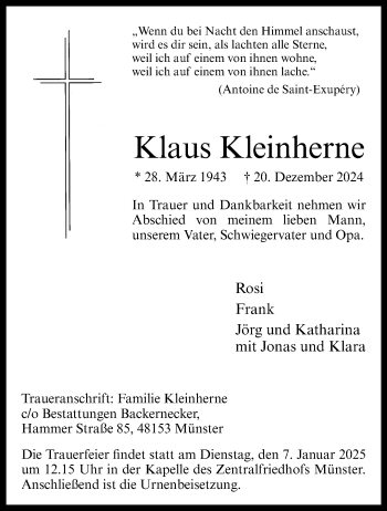 Anzeige von Klaus Kleinherne 