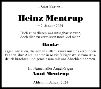 Anzeige von Heinz Mentrup 