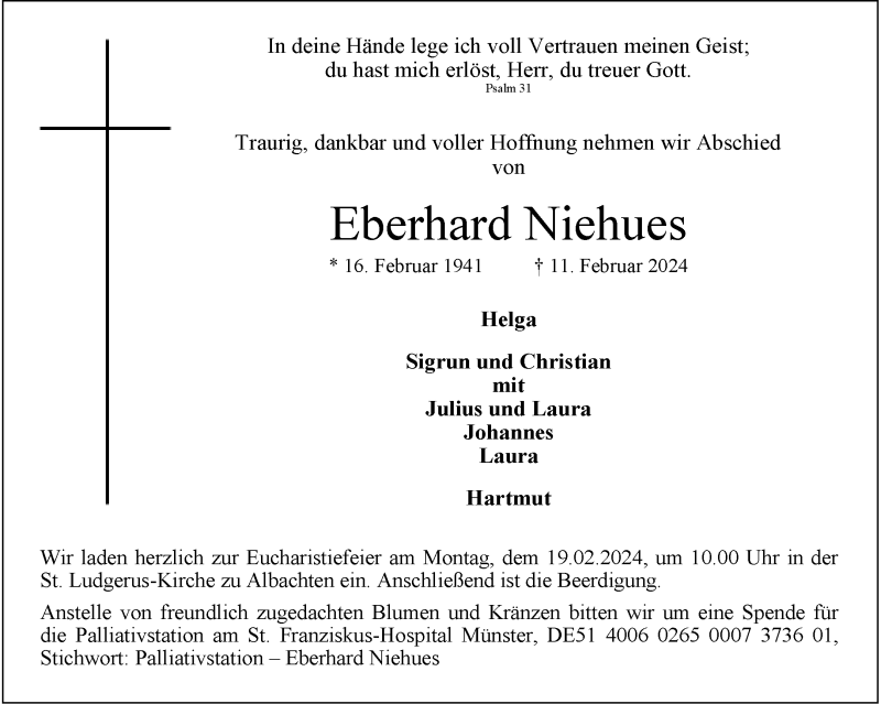  Traueranzeige für Eberhard Niehues vom 14.02.2024 aus 