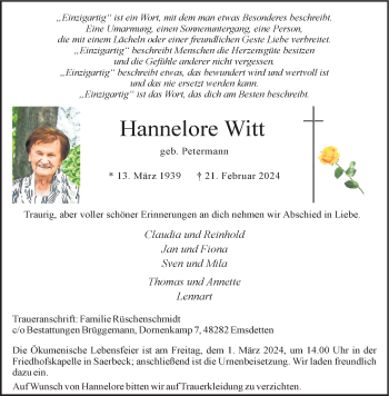 Anzeige von Hannelore Witt 