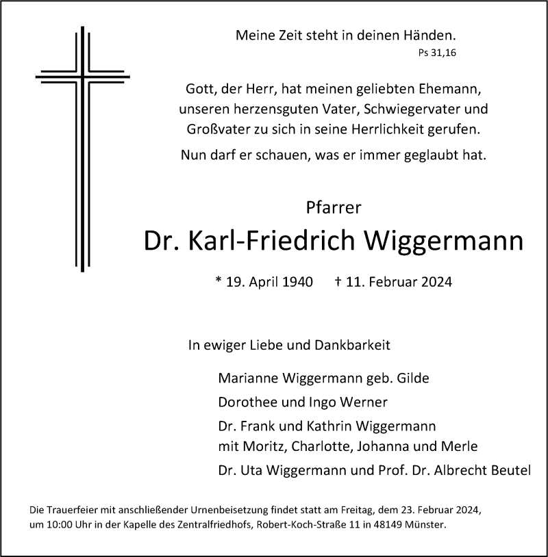  Traueranzeige für Dr. Karl-Friedrich Wiggermann vom 17.02.2024 aus 