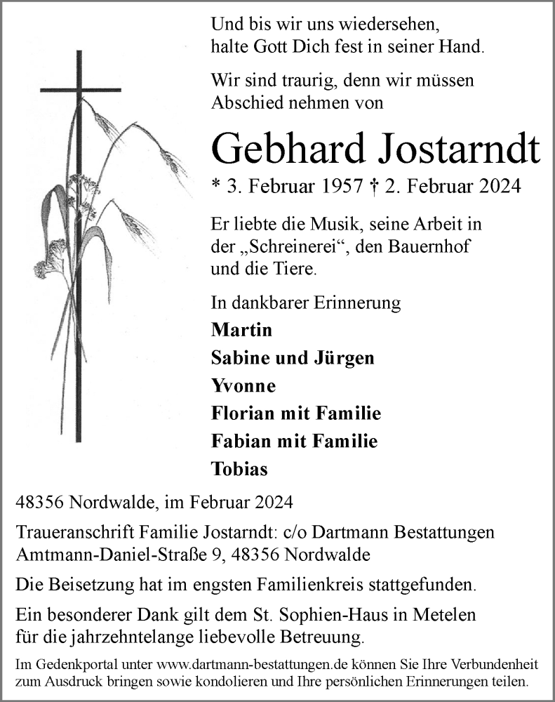  Traueranzeige für Gebhard Jostarndt vom 10.02.2024 aus 