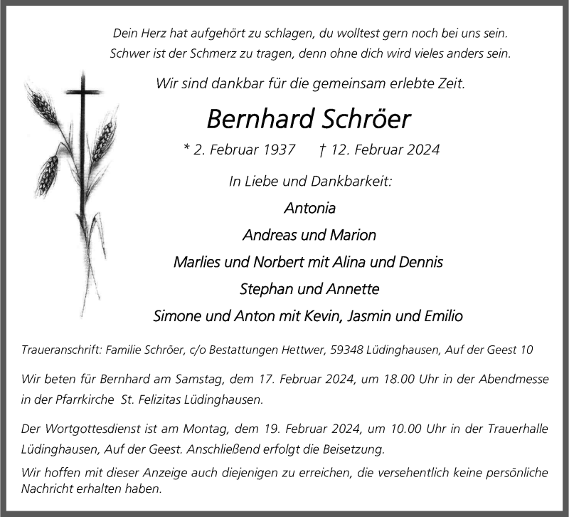  Traueranzeige für Bernhard Schröer vom 16.02.2024 aus 