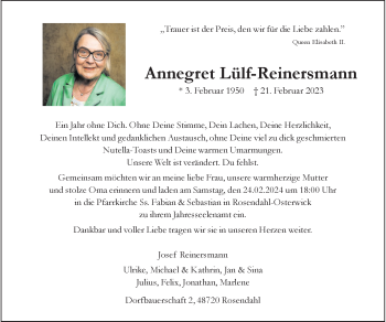 Anzeige von Annegret Lülf-Reinersmann 