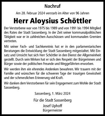 Anzeige von Aloysius Schöttler 