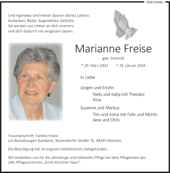 Anzeige von Marianne Freise 