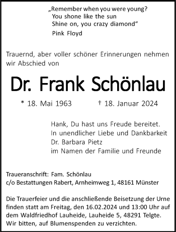 Anzeige von Dr. Frank Schönlau 