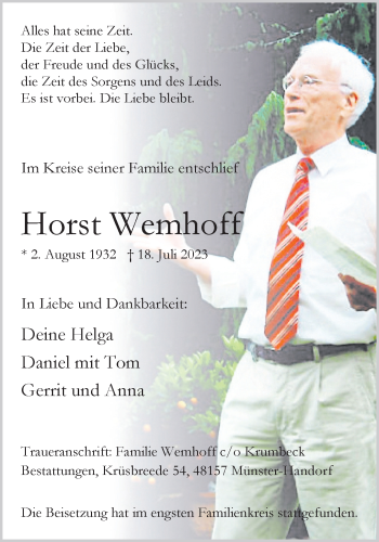 Anzeige von Horst Wemhoff 