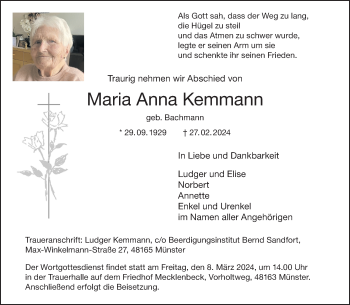 Anzeige von Maria Anna Kemmann 