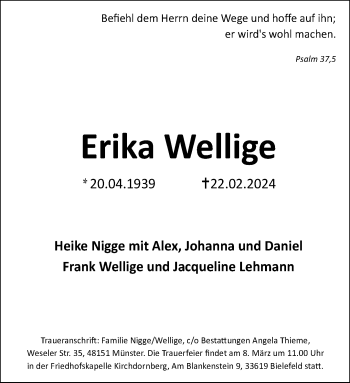 Anzeige von Erika Wellige 