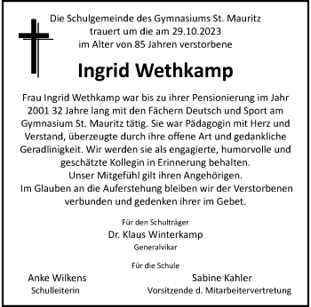 Anzeige von Ingrid Wethkamp 