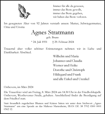 Anzeige von Agnes Stratmann 