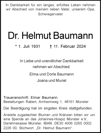 Anzeige von Dr. Helmut Baumann 