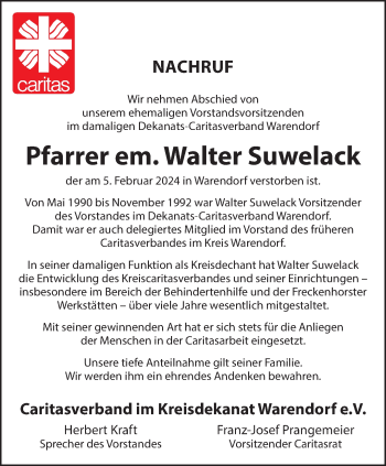 Anzeige von Walter Suwelack 