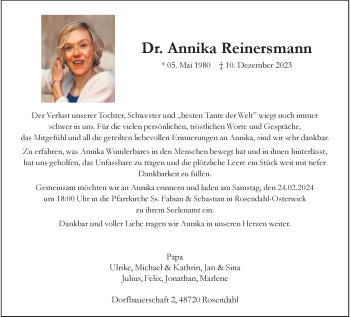 Anzeige von Dr. Annika Reinersmann 