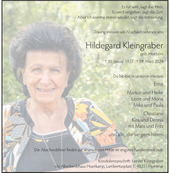 Anzeige von Hildegard Kleingräber 