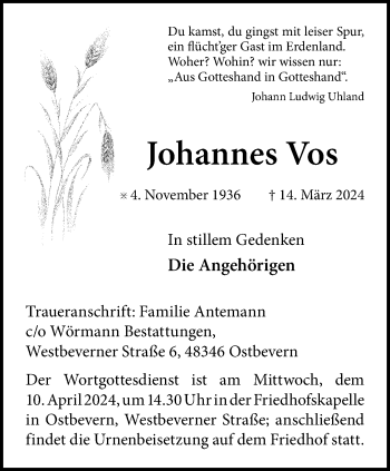 Anzeige von Johannes Vos 