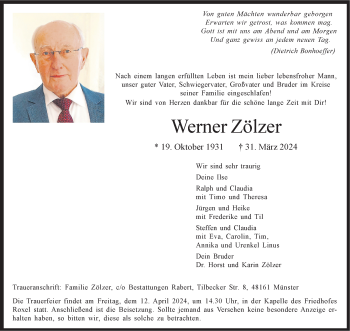 Anzeige von Werner Zölzer 